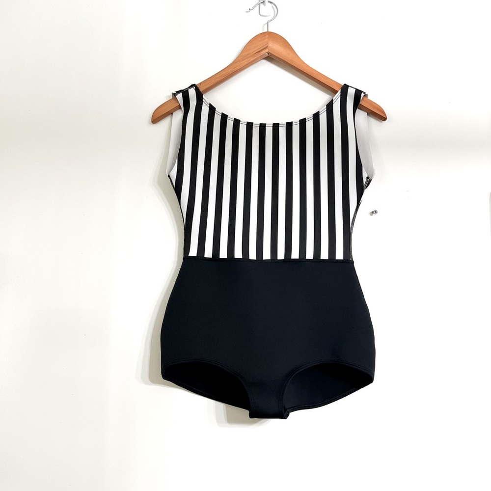 Seea Women’s One-Piece Swimsuit Size M Black/ White Stripes Retro Scoop Neck